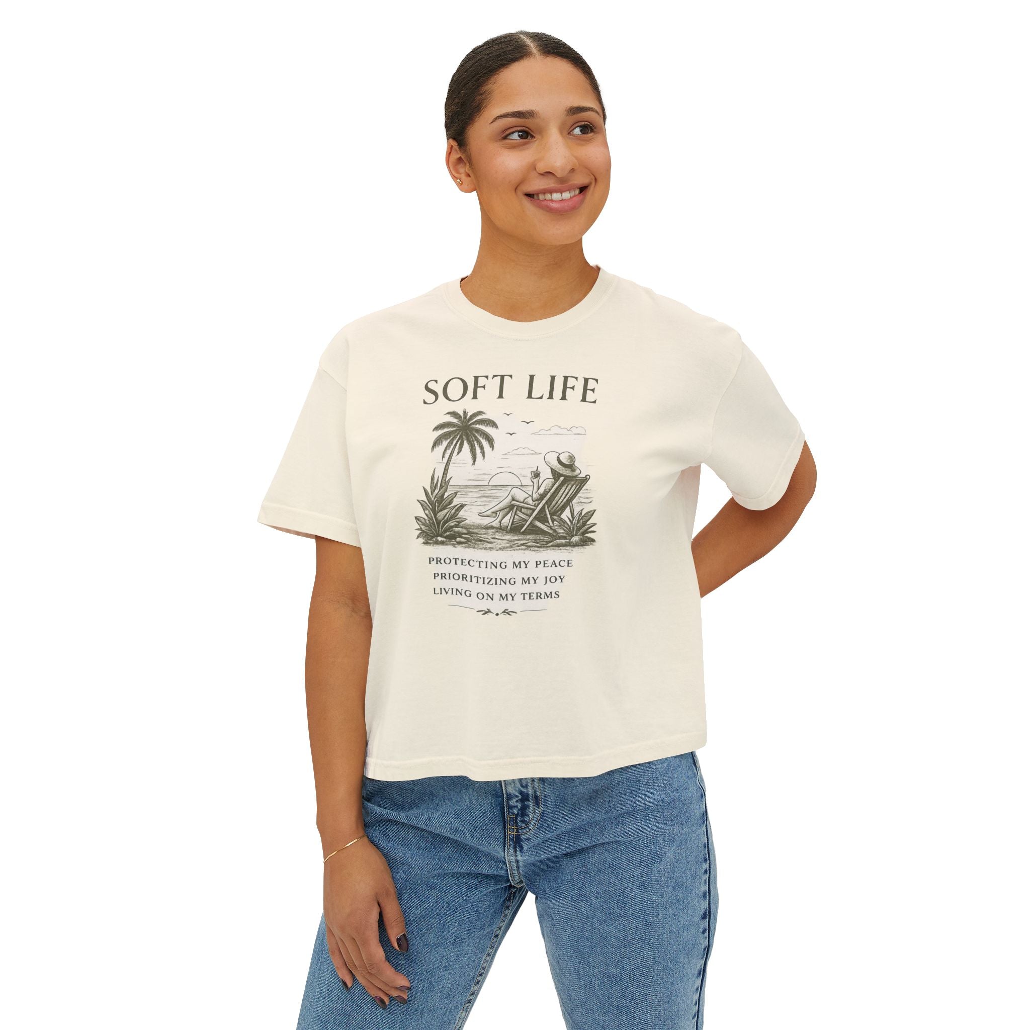 Soft Life Women's Boxy Tee — Relaxed Beach Vibes Graphic Tee