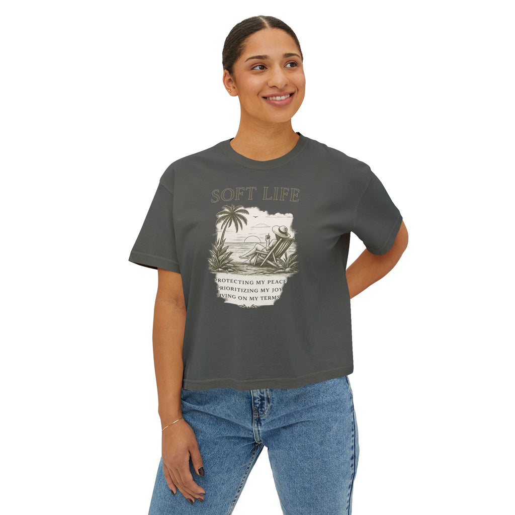 Soft Life Women's Boxy Tee — Relaxed Beach Vibes Graphic Tee