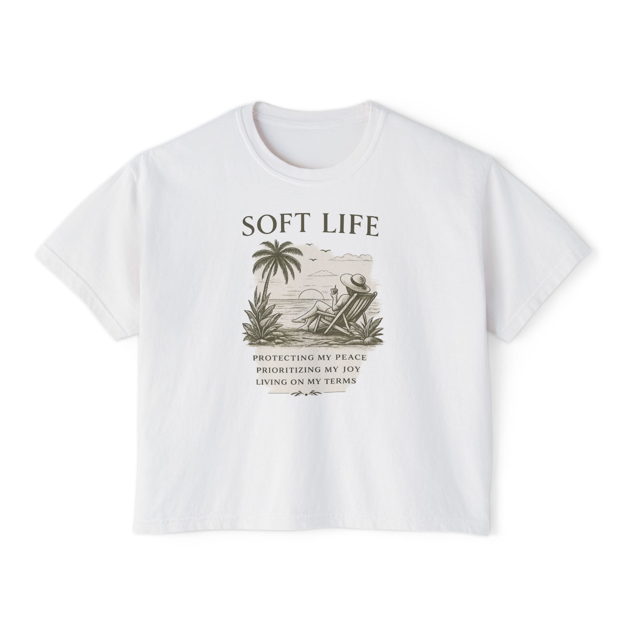 Soft Life Women's Boxy Tee — Relaxed Beach Vibes Graphic Tee